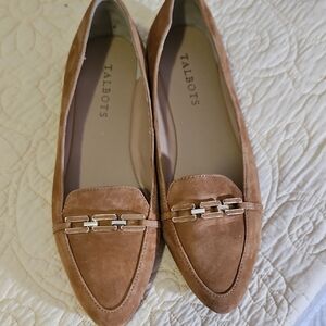 Talbots Brown Suede Pointed Loafers with Gold Chain